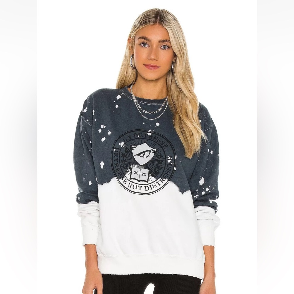 La Detresse Acid Wash Womens medium University Pullover Black Cream Distressed
